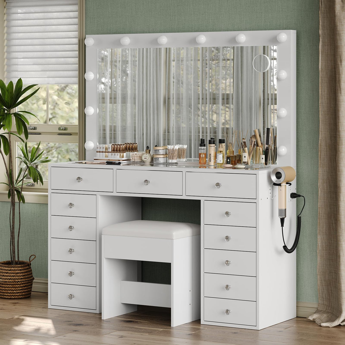 47" White Makeup Vanity with 13 Drawers and HD Mirror T9596