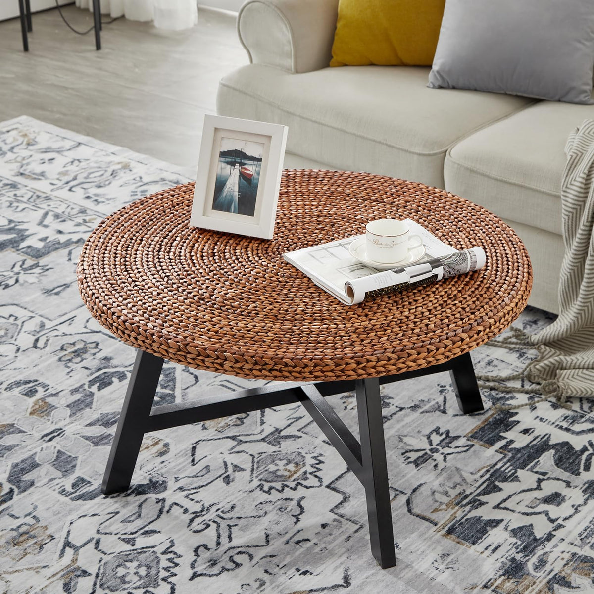 32 Inch Round Handwoven Seagrass Coffee Table with Pine Wood X Base Z879052