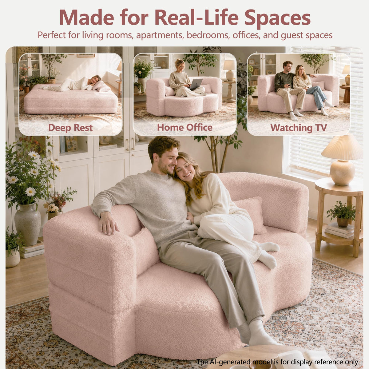 78" Pink Sherpa Futon Sofa Bed K273