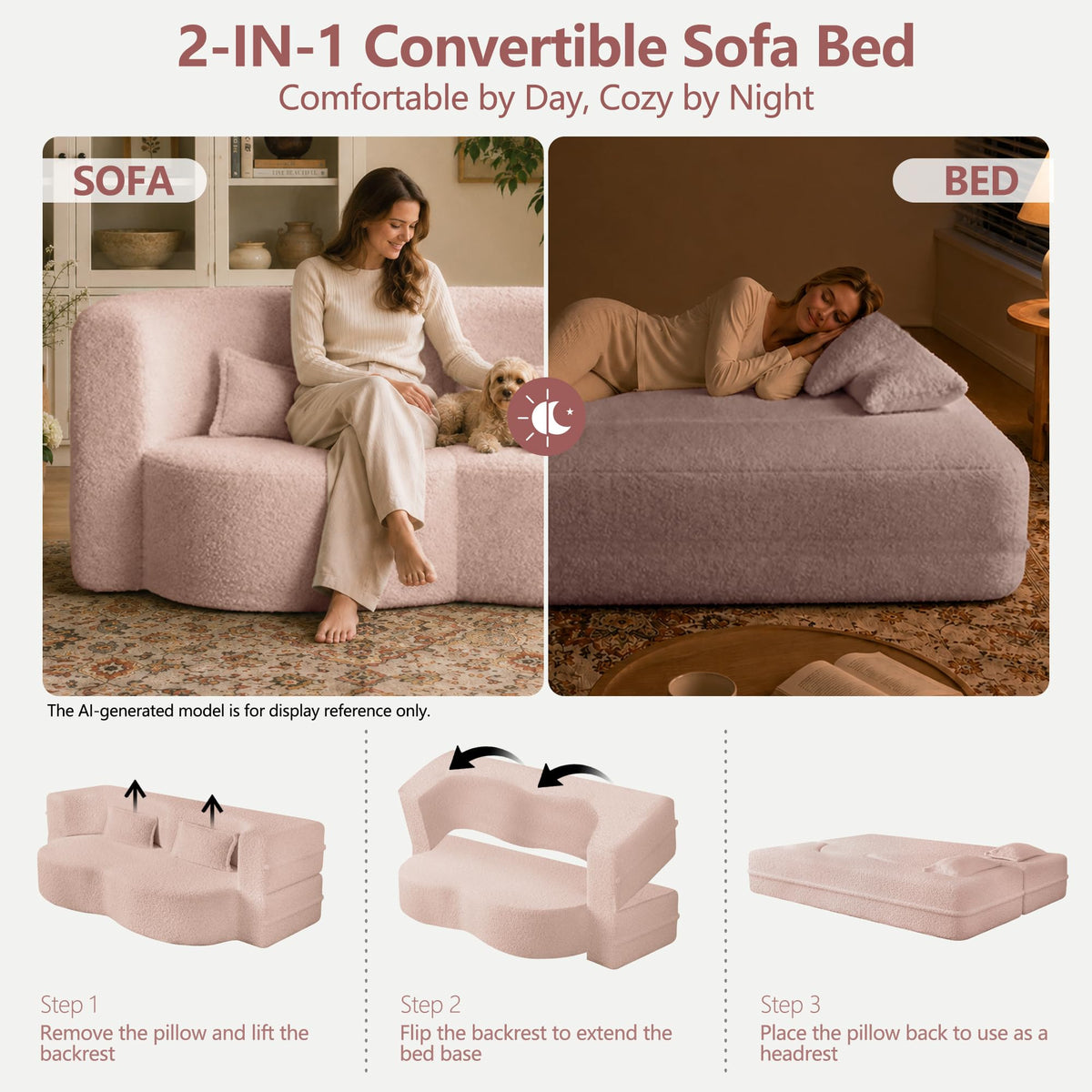 78" Pink Sherpa Futon Sofa Bed K273