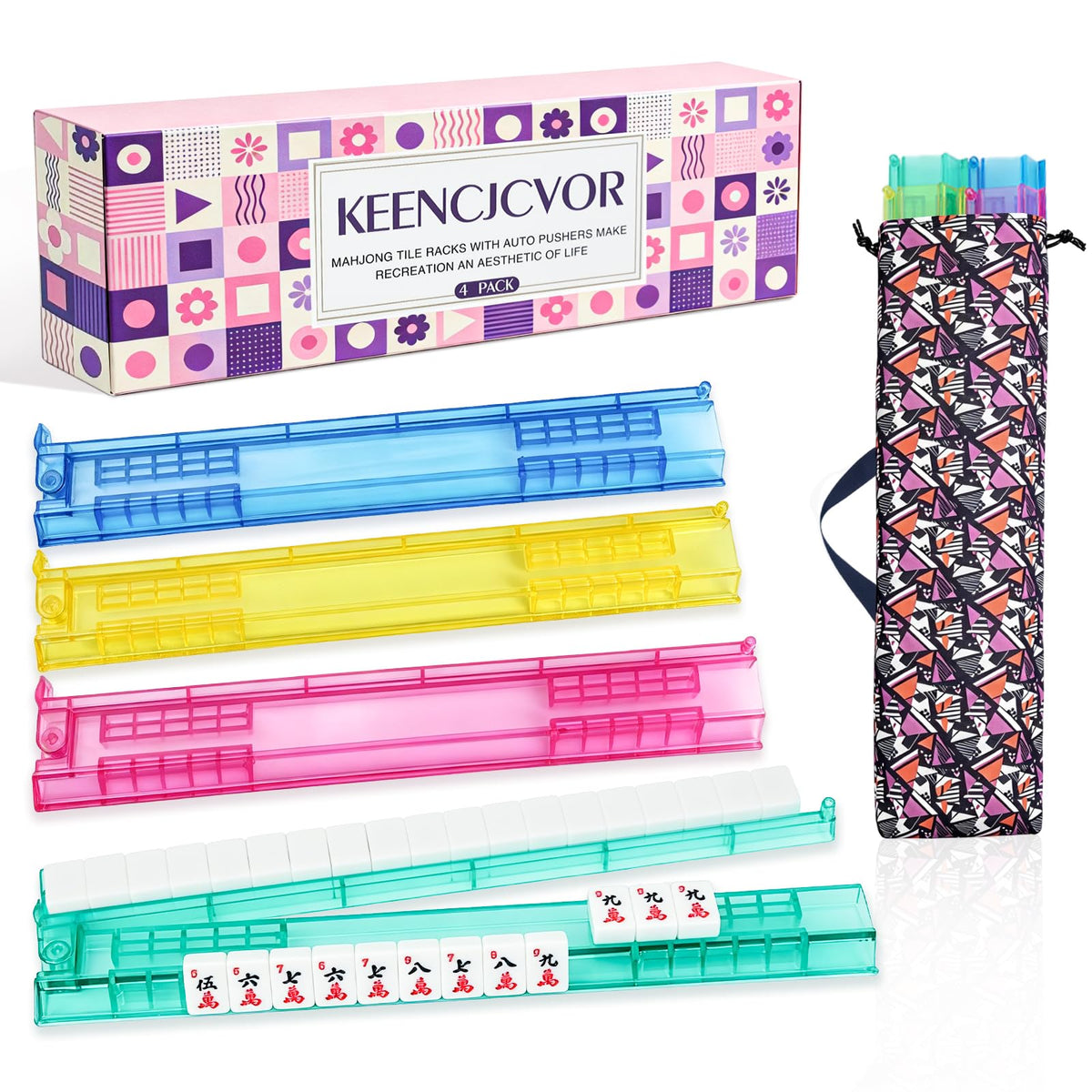 4 Pack Non-Slip Acrylic Mahjong Racks with Pushers I83023