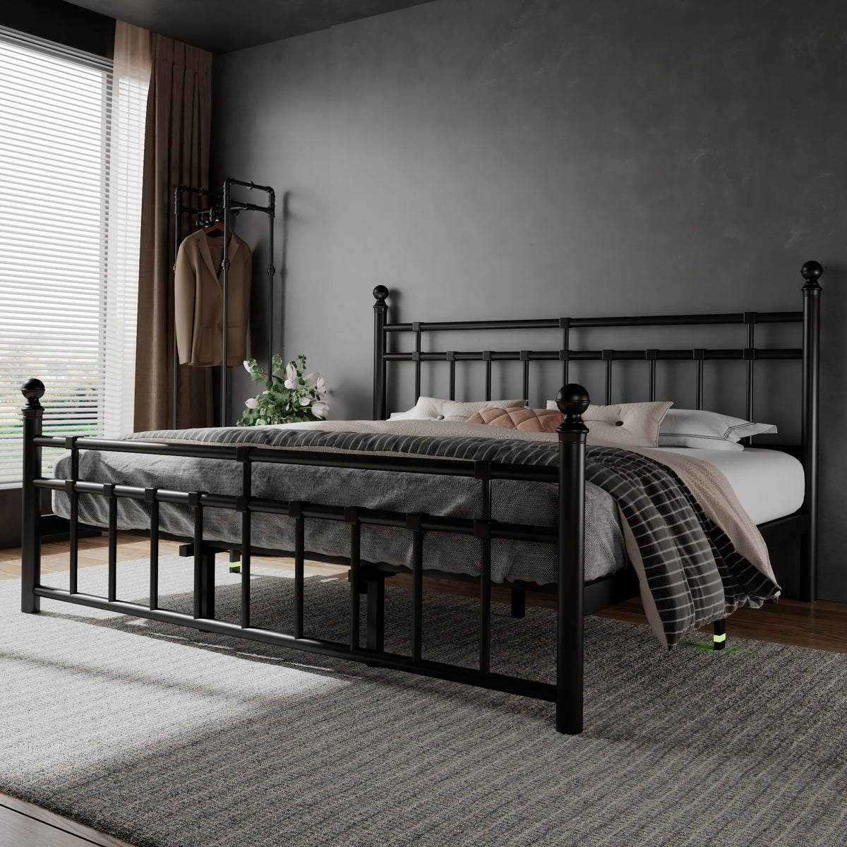 King Size Black Metal Platform Bed Frame with Headboard and Footboard O6912