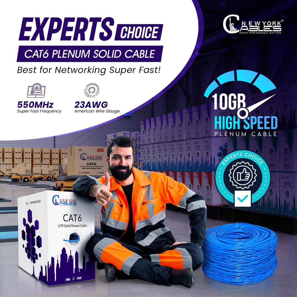 CAT6 Plenum Cable 1000ft 23AWG UTP 4Pairs 550MHz 10Gbps CMP Rated Blue S47718