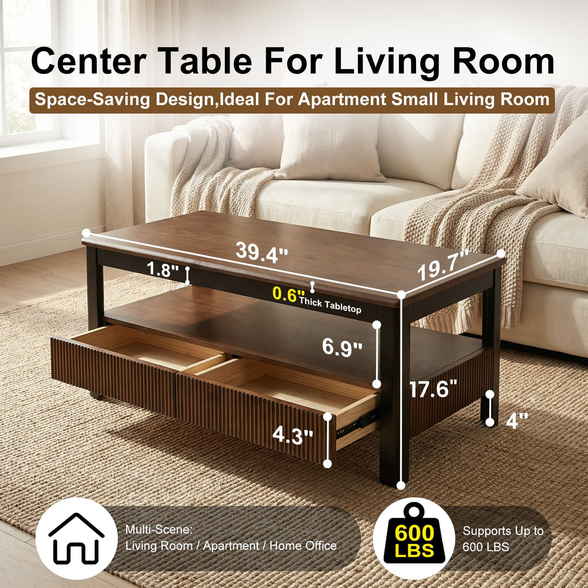 39.4" Walnut Solid Wood Fluted Coffee Table with 2 Drawers O104