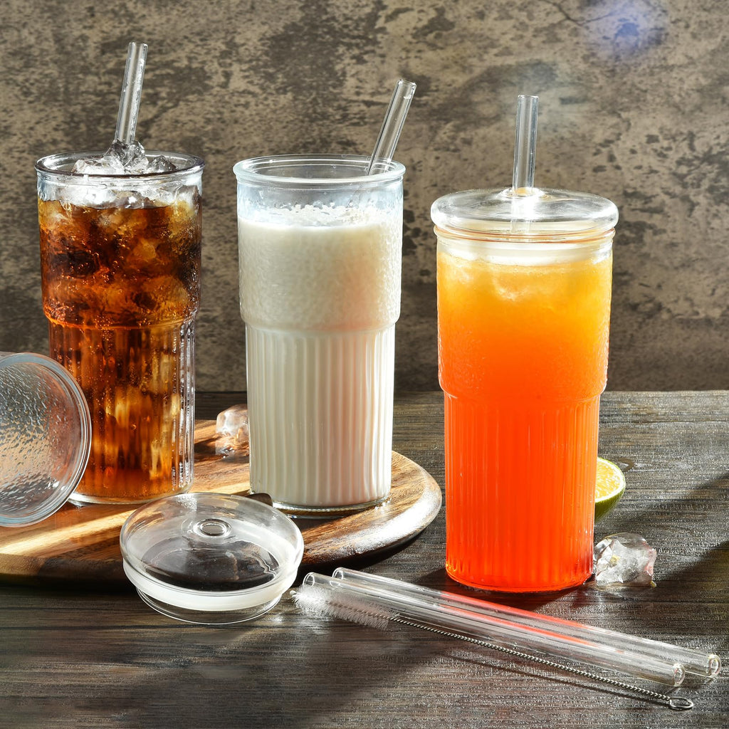 22 oz High Borosilicate Clear Glass Cups with Lids and Straws, Pack of 2 S8039