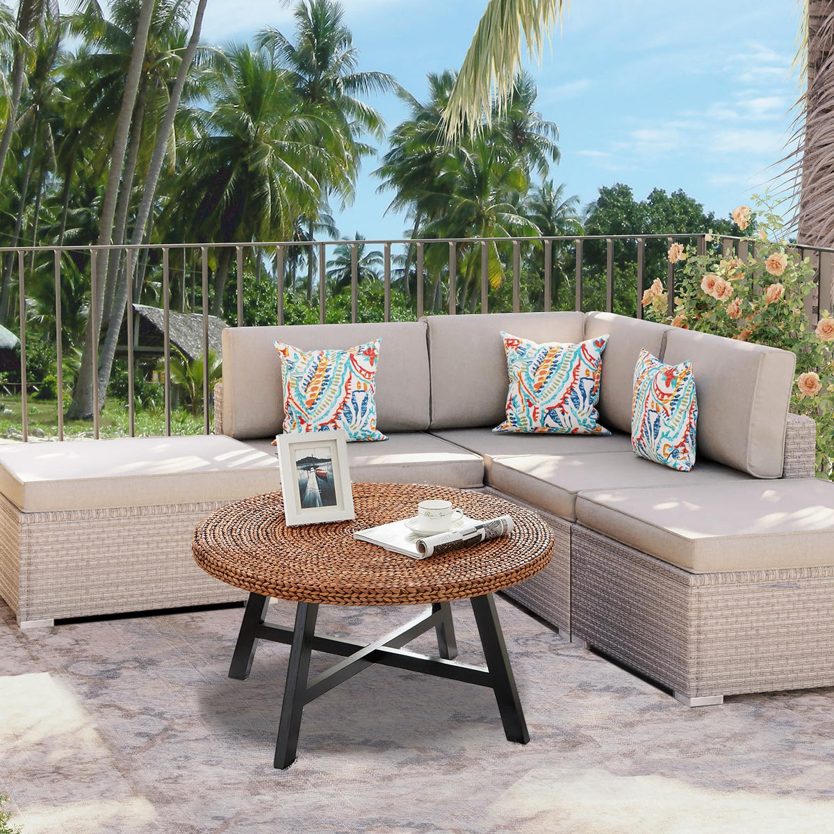32 Inch Round Handwoven Seagrass Coffee Table with Pine Wood X Base Z879052
