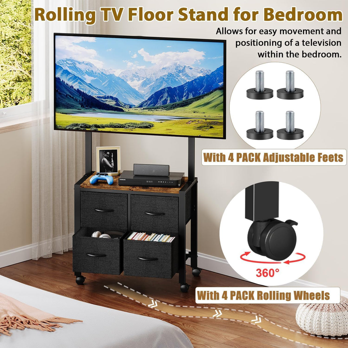 Mobile TV Cart Rolling TV Stand with 4 Drawer for 23-60 inch Screens O971