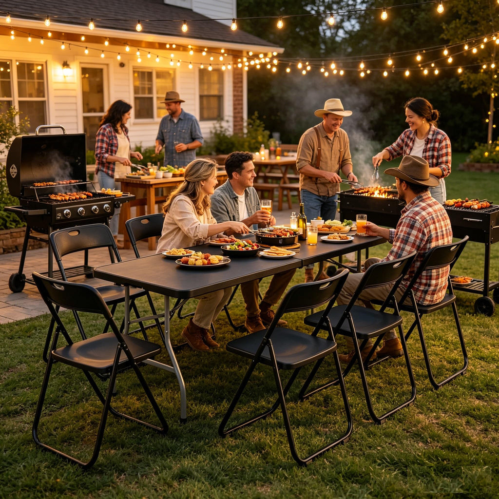 Black 8 Feet Foldable Picnic Table with 10 Folding Chairs W221920