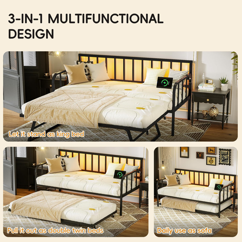 Black Twin to King Metal Daybed with Pop Up Trundle K88254