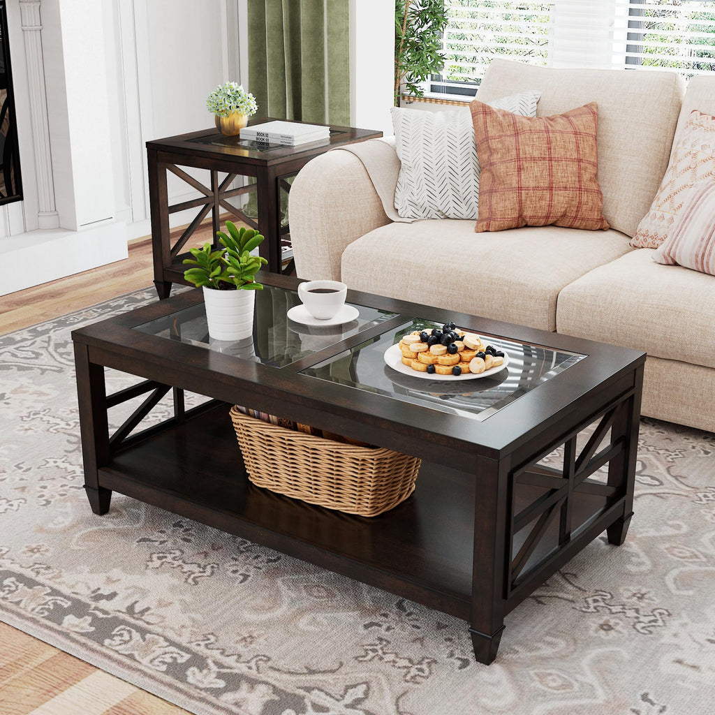 45.5"W Solid Wood Glass Coffee Table C8311