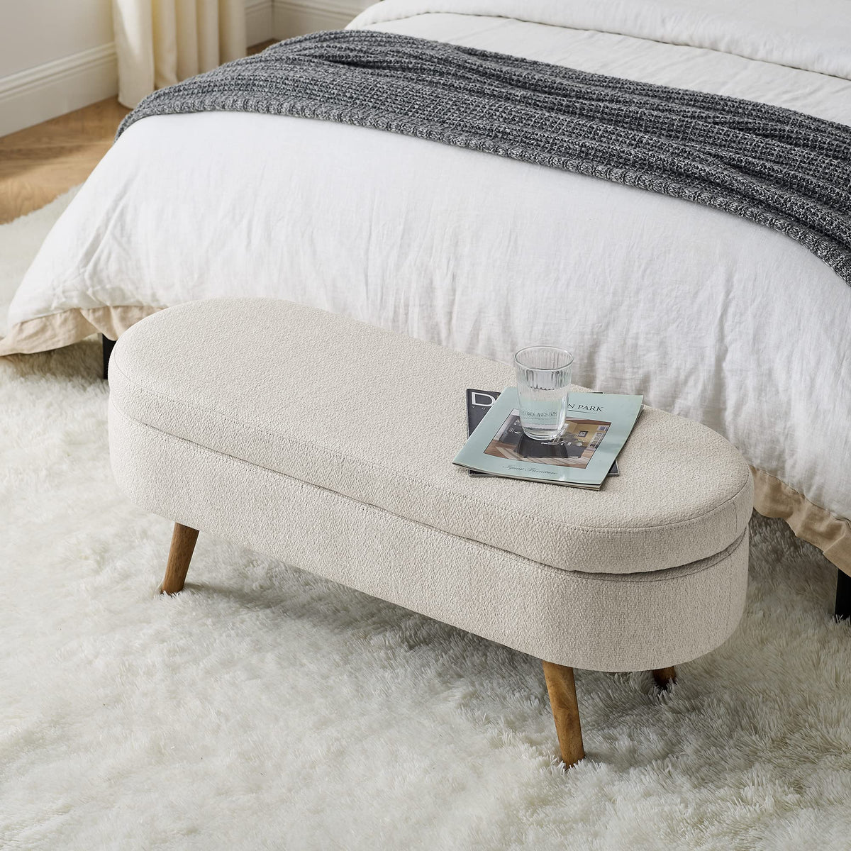 Beige Oval Storage Bench with Rubber Wood Legs K950