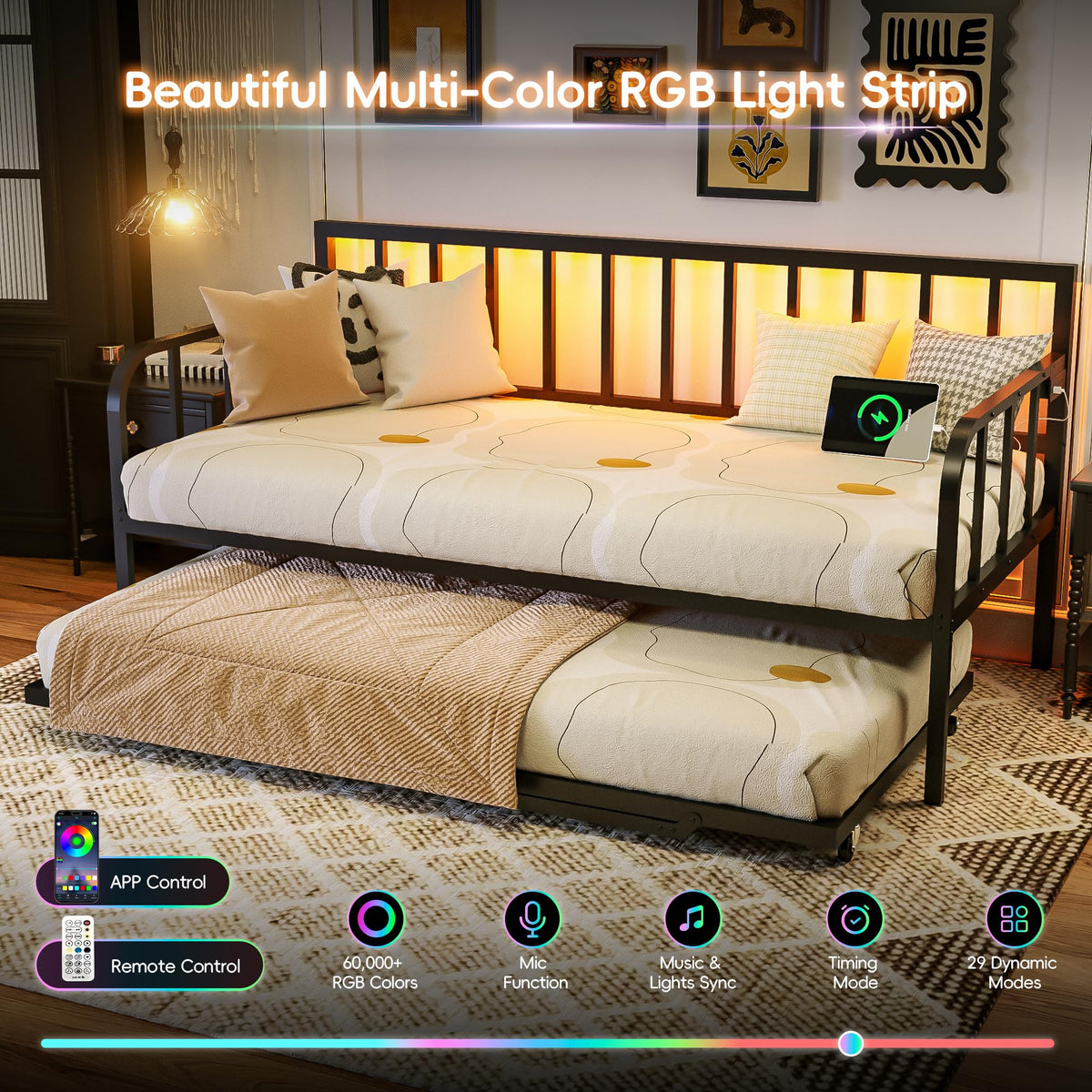 Black Twin to King Metal Daybed with Pop Up Trundle K88254