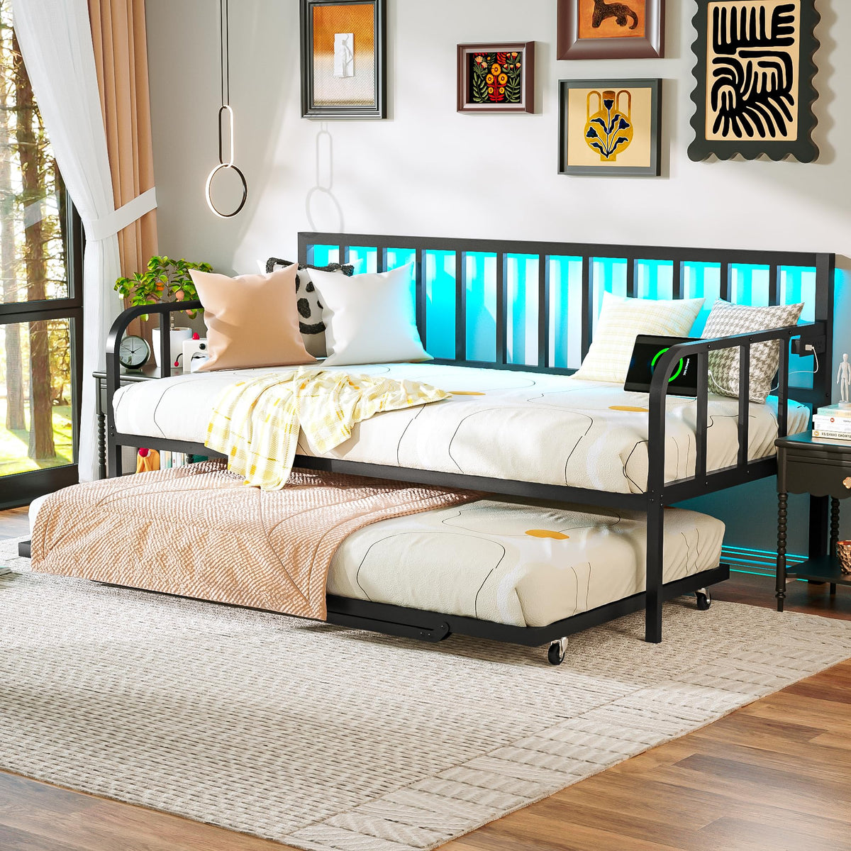 Black Twin to King Metal Daybed with Pop Up Trundle K88254