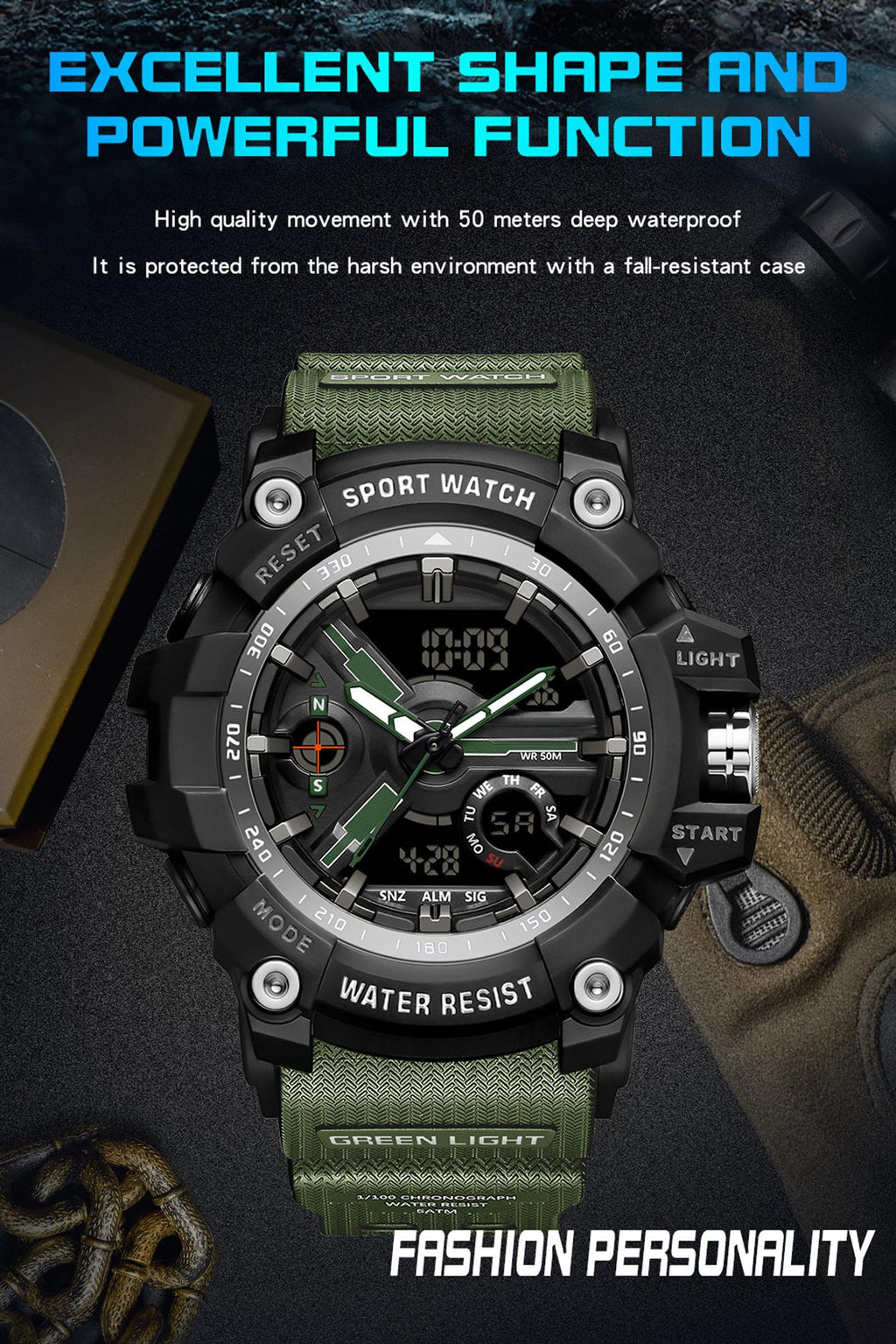 Waterproof Fluorescent Green Digital Watches D89365