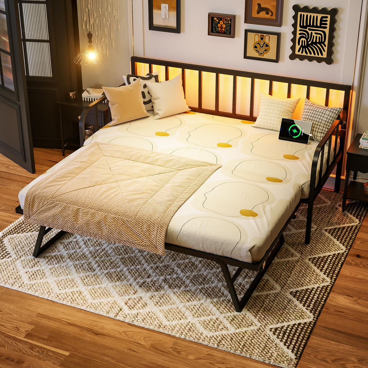 Black Twin to King Metal Daybed with Pop Up Trundle K88254