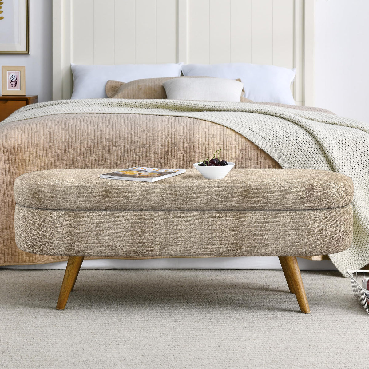 Oval Storage Bench with Rubber Wood Legs, Gray M22676