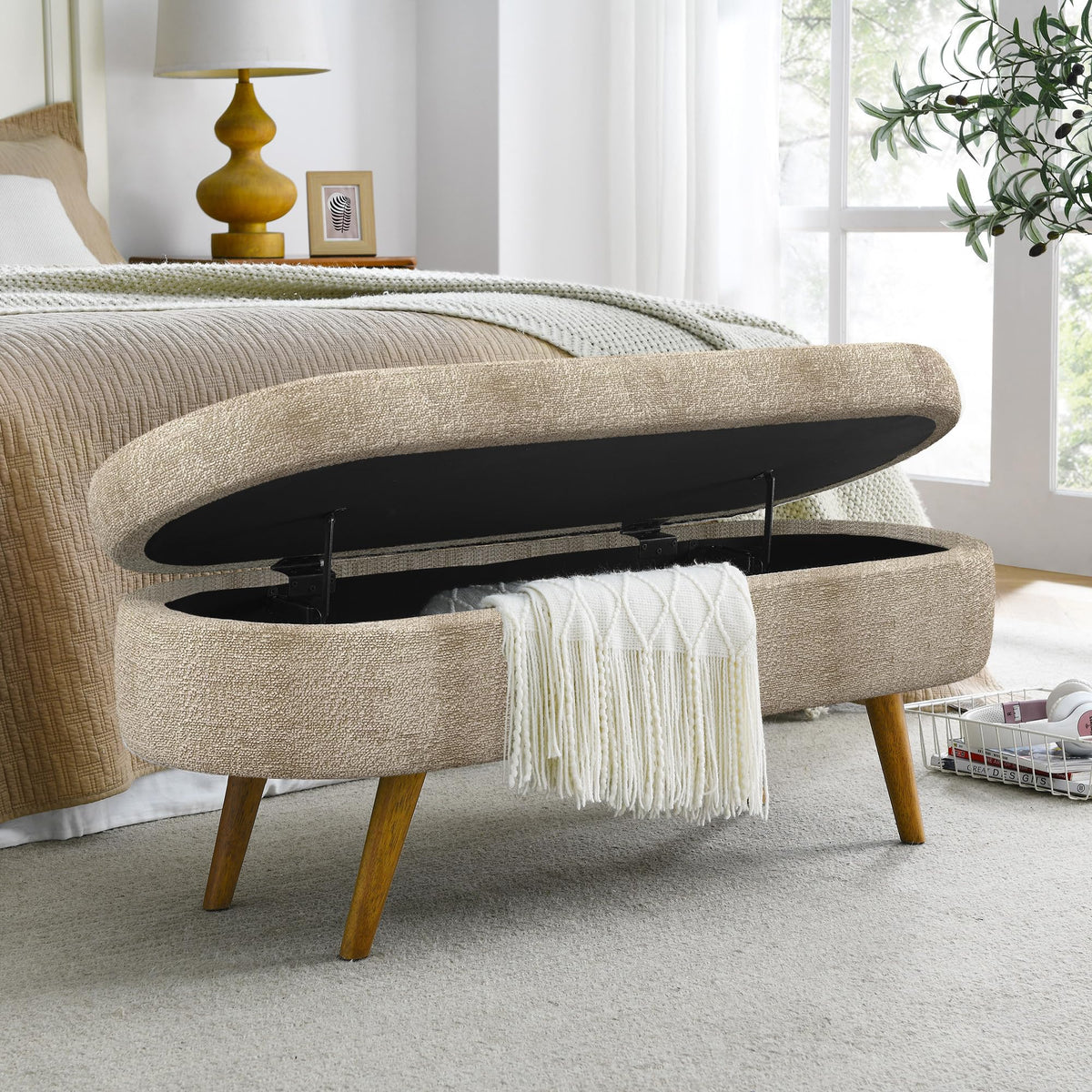 Oval Storage Bench with Rubber Wood Legs, Gray M22676
