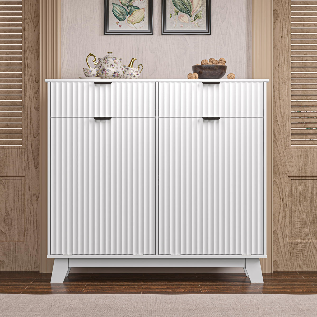 White 20 Gallon Double Tilt Out Laundry Hamper Cabinet with 2 Drawers M9041