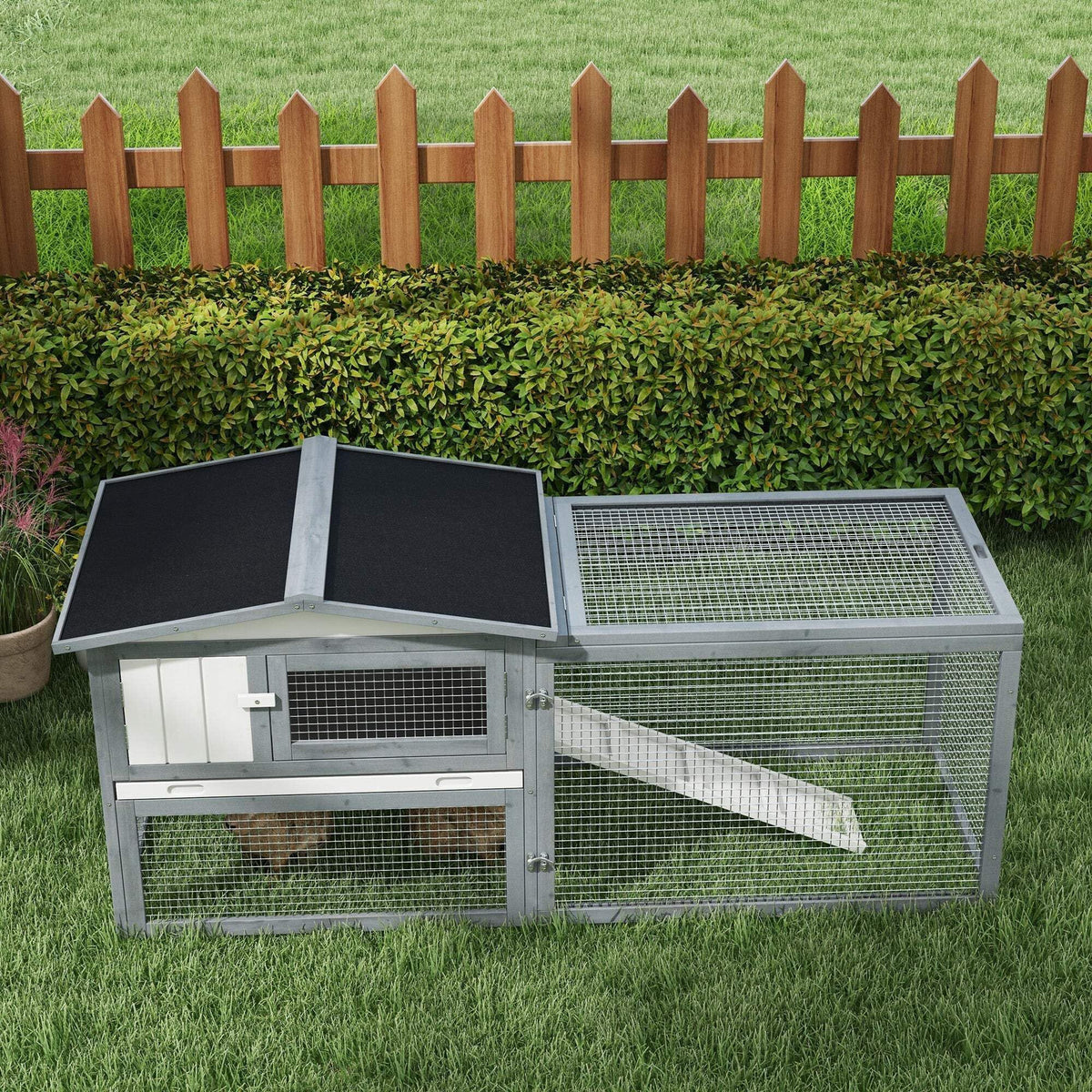 White 2-Tier Wooden Rabbit Hutch with Run H23584