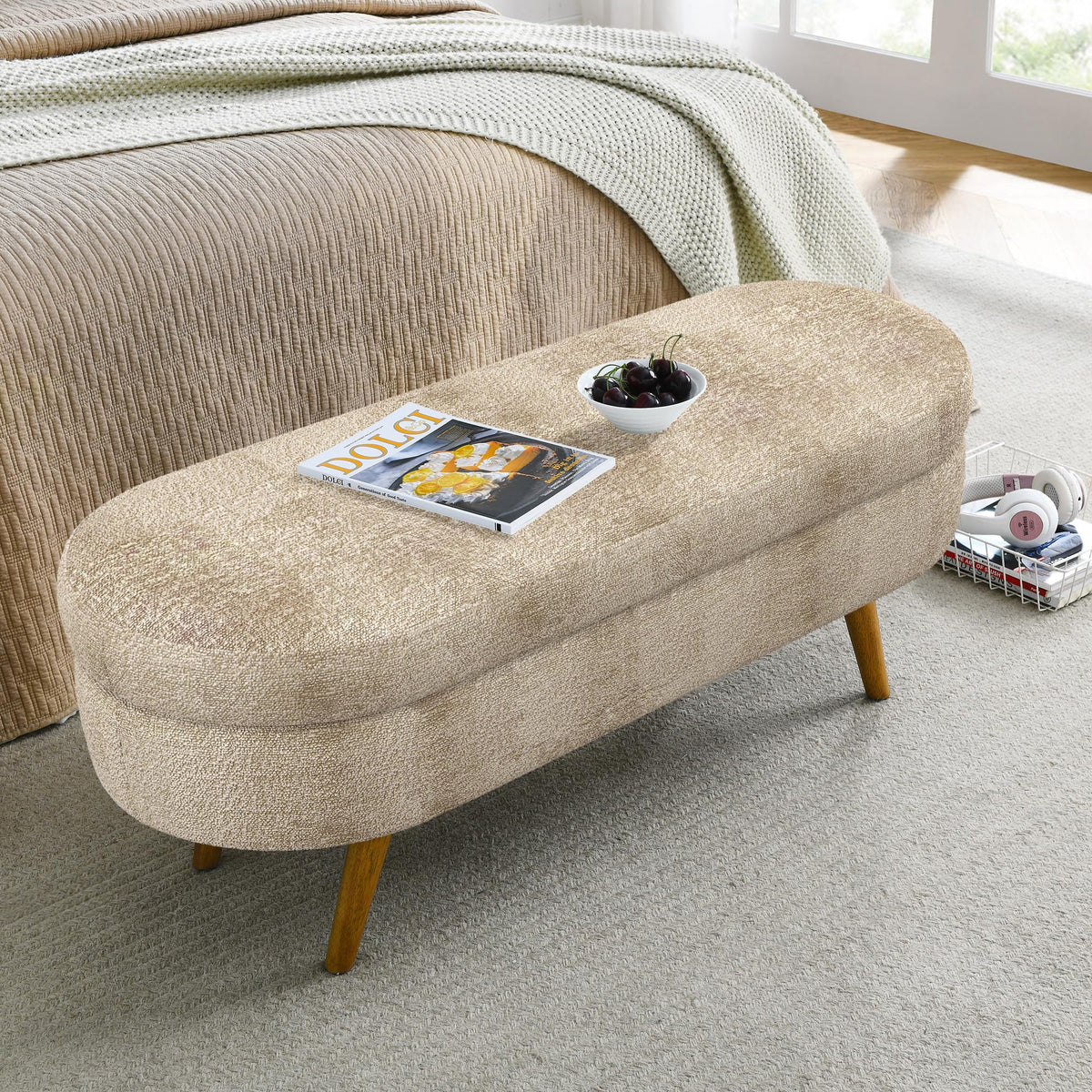 Oval Storage Bench with Rubber Wood Legs, Gray M22676